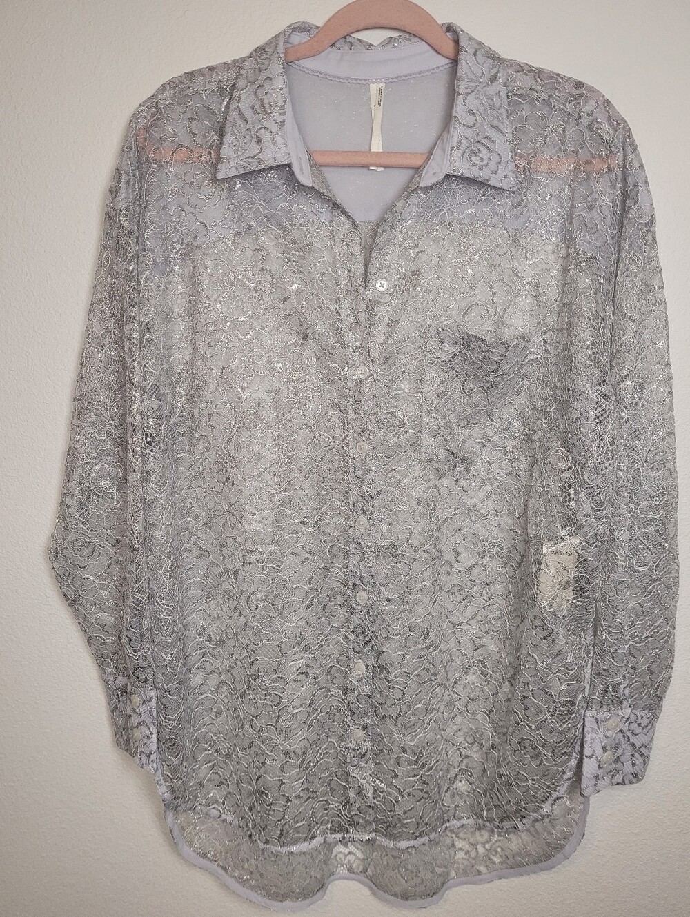 Anthropologie Metallic Lace Button Down Shirt M Silver Grey Sheer Top Coquette